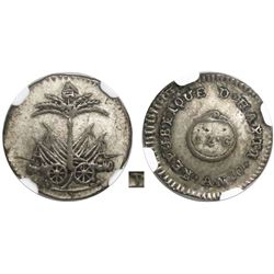 Haiti, 12 centimes, AN 10 (1813), small P below cannons, very rare, encapsulated NGC XF 45, finest a