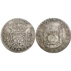 Mexico City, Mexico, pillar 8 reales, Philip V, 1733MF, small crown, three mouldings atop pillars, r
