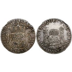 Mexico City, Mexico, pillar 8 reales, Charles III, 1762MM, tip of cross between H and I, encapsulate