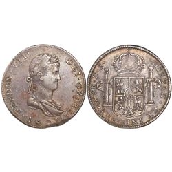 Guadalajara, Mexico, bust 8 reales, Ferdinand VII, 1821FS, one fleur over two fleurs in center of sh