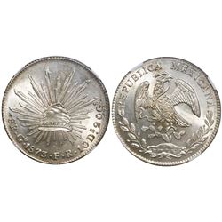 Guanajuato, Mexico, cap-and-rays 8 reales, 1873FR, encapsulated NGC MS 64.