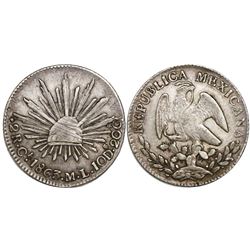 Real de Catorce, Mexico, cap-and-rays 2 reales, 1863ML, rare.