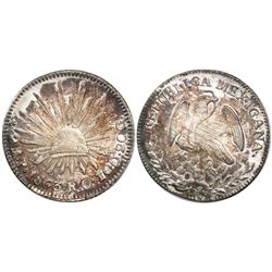 San Luis Potosi, Mexico, cap-and-rays 2 reales, 1863RO.