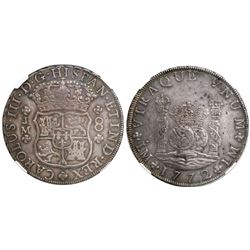 Lima, Peru, pillar 8 reales, Charles III, 1772JM, dot over one mintmark, encapsulated NGC AU 53.