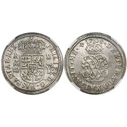 Segovia, Spain, milled 2 reales  pistareen,  Philip V, 1708Y, encapsulated NGC MS 63, finest known i