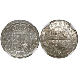 Madrid, Spain, milled 2 reales "pistareen," Philip V, 1723A, 3 fleurs-de-lis, encapsulated NGC MS 65