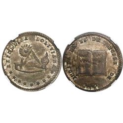Potosi, Bolivia, 1 sol-sized silver medal, 1851, Constitutional Oath, encapsulated NGC MS 63, finest
