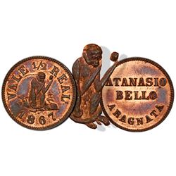 Carabobo, Venezuela, copper 1/2 real token, Hacienda Aragnata, Atanasio Bello, 1867.