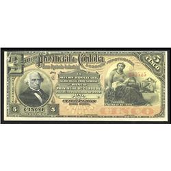 Argentina, Banco Provincial de Cordoba, 5 pesos, 1-1-1889, series C, serial 257545.