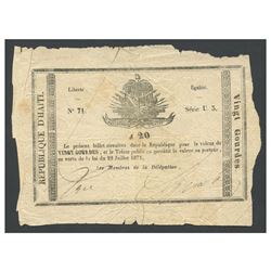 Haiti, Government du Sud d'Haiti, uniface 20 gourdes, 22-7-1871, series U3, serial 71.