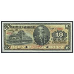 Mexico, El Banco Mercantil de Monterrey (Nuevo Leon), 10 pesos specimen, no date (1906-1911), series
