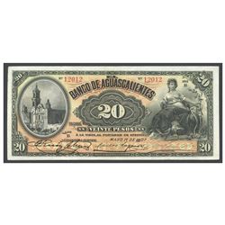 Mexico, El Banco de Aquascalientes, 20 pesos, 1-5-1907, series B, serial 12012, Frampton Plate.