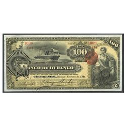 Mexico, El Banco de Durango, 100 pesos, February 1914, series J, serial 1009.