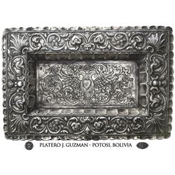 Large, ornate, rectangular silver tray from Potosi, Bolivia, late 1800s, silversmith J. Guzman (stam
