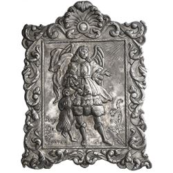 Large, ornate, rectangular silver wall-hanging from the Caribbean, late 1800s to early 1900s, angel