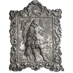 Large, ornate, rectangular silver wall-hanging from the Caribbean, late 1800s to early 1900s, angel 