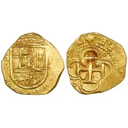 Seville, Spain, cob 2 escudos, Philip II, assayer B, O(MNIVM) in legend.