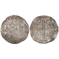 Seville, Spain, cob 8 reales, Philip II, assayer Gothic D at 4 o'clock outside tressure around cross