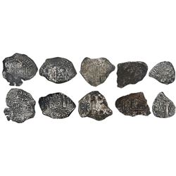 Lot of 5 Potosi, Bolivia, cob 8R fragments, (1652)E transitional Types IV, V, V/B, VII and VIII/B (p