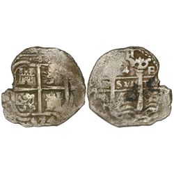 Potosi, Bolivia, cob 4 reales, 1654E, PH at top.