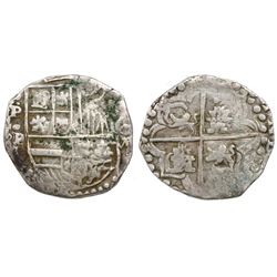 Potosi, Bolivia, cob 8 reales, Philip IV, assayer •P (1620s), quadrants of cross transposed.