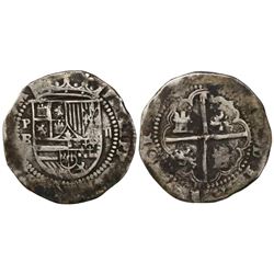 Potosi, Bolivia, cob 2 reales, Philip II, assayer B (1st period, "Lima style").