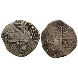 Potosi, Bolivia, cob 2 reales, Philip II, assayer B (4th period).