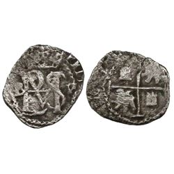 Potosi, Bolivia, cob 1/2 real, Philip II, assayer B to left of monogram (5th period), mintmark P to 