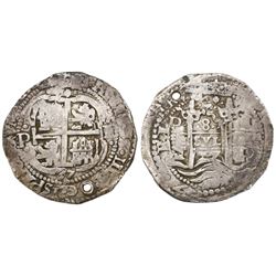 Potosi, Bolivia, cob 8 reales, 1657E, pomegranate at top.