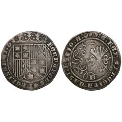 Burgos, Spain, 1 real, Ferdinand-Isabel, mintmark B on reverse, legend ending with scallop and Jerus