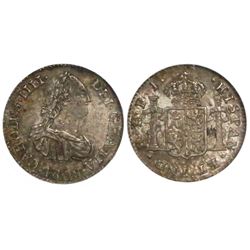 Potosi, Bolivia, bust 1/2 real, Charles IV, 1808PJ, encapsulated NGC MS 62.