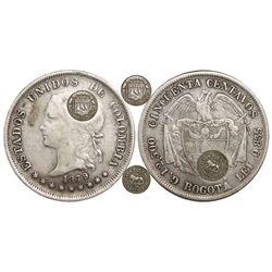 Costa Rica, 50 centavos, lion counterstamp (Type VII, 1889) on a Bogota, Colombia, 50 centavos, 1879