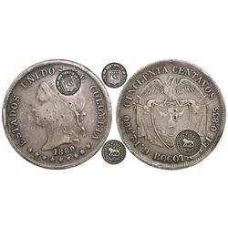 Costa Rica, 50 centavos, lion counterstamp (Type VII, 1889) on a Bogota, Colombia, 50 centavos, 1880