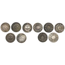 Lot of 5 Honduras 10 centavos, various dates: 1884, 1885, 1886, 1893/83 and 1895.