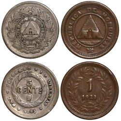 Lot of 2 Honduras minors: 5 centavos 1885 and bronze 1 centavo 1920.