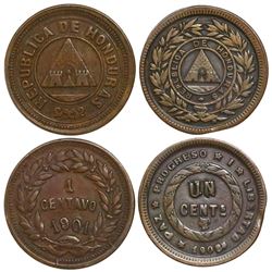 Lot of 2 Honduras bronze 1 centavos, 1901/1897 and 1908.