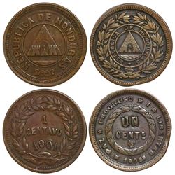 Lot of 2 Honduras bronze 1 centavos, 1901/1897 and 1908.