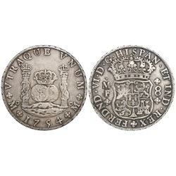 Mexico City, Mexico, pillar 8 reales, Ferdinand VI, 1754MF, imperial crown on left pillar.