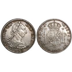 Mexico City, Mexico, bust 8 reales, Charles III, 1773FM, initials facing rim.