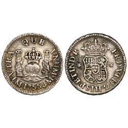 Lima, Peru, pillar 1/2 real, Ferdinand VI, 1755JM, mintmark not dotted, rare.