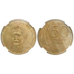 Uruguay (struck in Santiago), brass 50 pesos, 1971, Rodo centennial, "F. Orellana P.," encapsulated