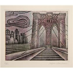 Shigenu Narikawa, Brooklyn Bridge 1882, Aquatint Etching