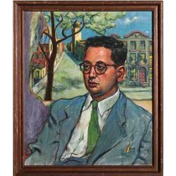 George Rhoads, Portrait of Man in Blue Suit, Double-Sided Oil Painting