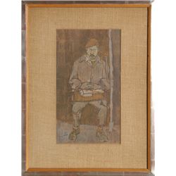 Joseph Solman, Man with Mustache, Gouache on Racing Form