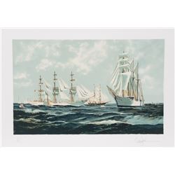 Eldred Clark Johnson, Tall Ships Maneuvering, Lithograph