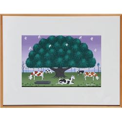 Edgar Calhado, Cows under a Tree, Acrylic Painting