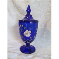 Fenton 10” covered candy, cobalt blue, hp. by JK Spindler; Fenton cobalt blue pair 8 ½” candlesticks