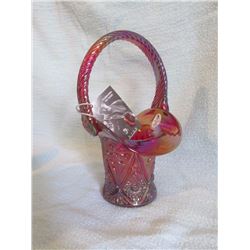Fenton Red Carnival flower embossed basket 8” tall; Fenton basket Red Carnival 7” h;