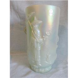 Fenton Seafoam 9 ½” tall embossed oriental design; Fenton bowl 10 ½” diameter Aqua Opalescent stretc