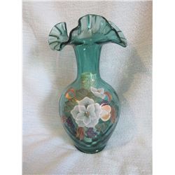 Fenton Magnolia & Berry vase  9 ½” tall hand painted O. Farley signed by Thomas Fenton; Fenton 7” va